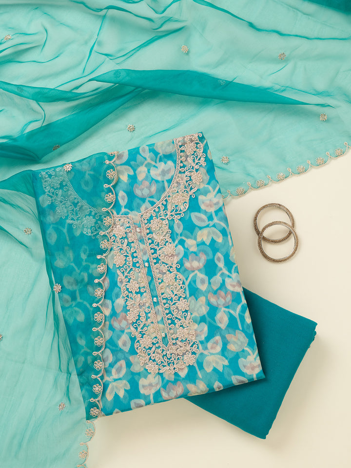 Turquoise Blue Tissue Threadwork Unstitched Dress Material With Matching Bottom And Dupatta