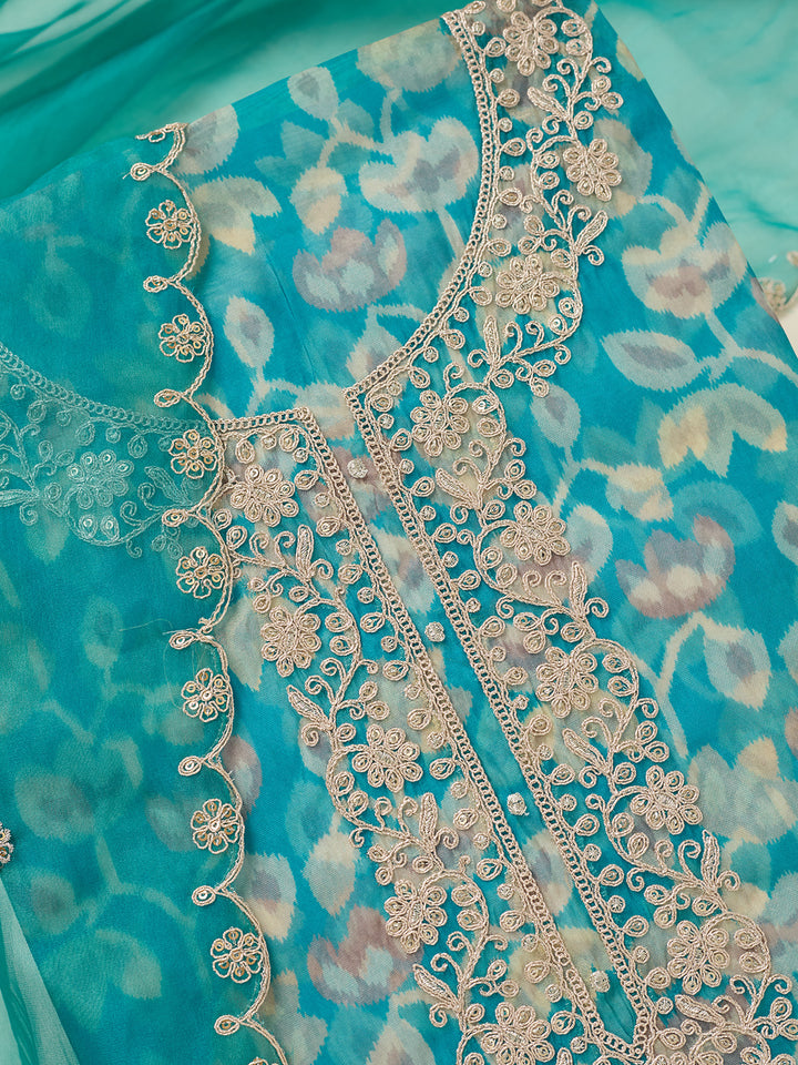 Turquoise Blue Tissue Threadwork Unstitched Dress Material With Matching Bottom And Dupatta