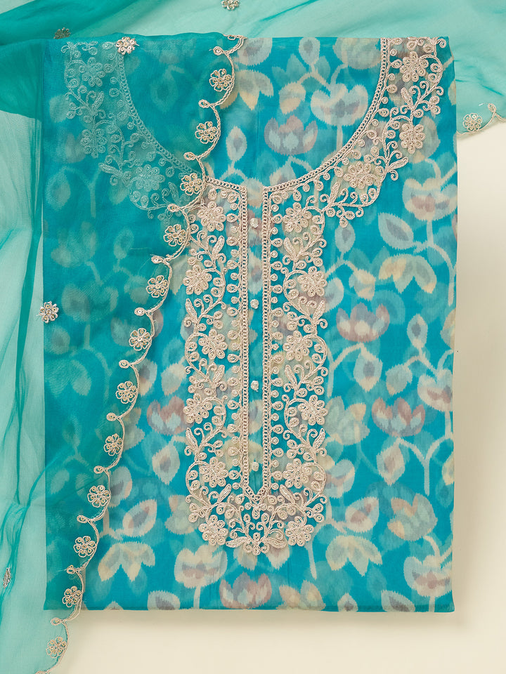 Turquoise Blue Tissue Threadwork Unstitched Dress Material With Matching Bottom And Dupatta