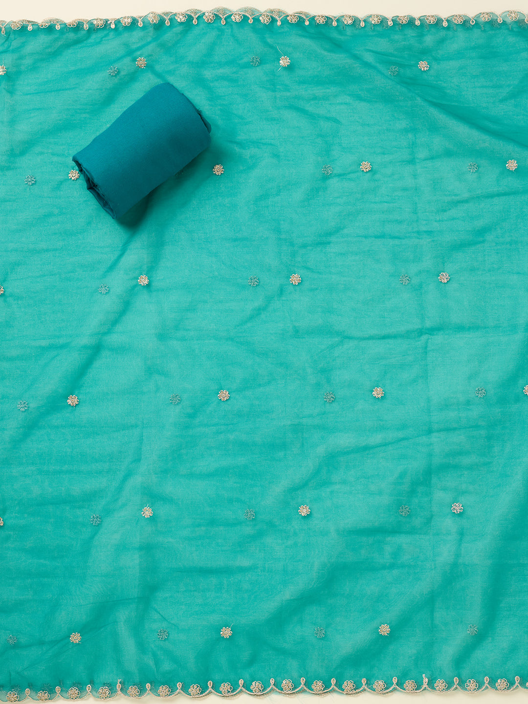 Turquoise Blue Tissue Threadwork Unstitched Dress Material With Matching Bottom And Dupatta