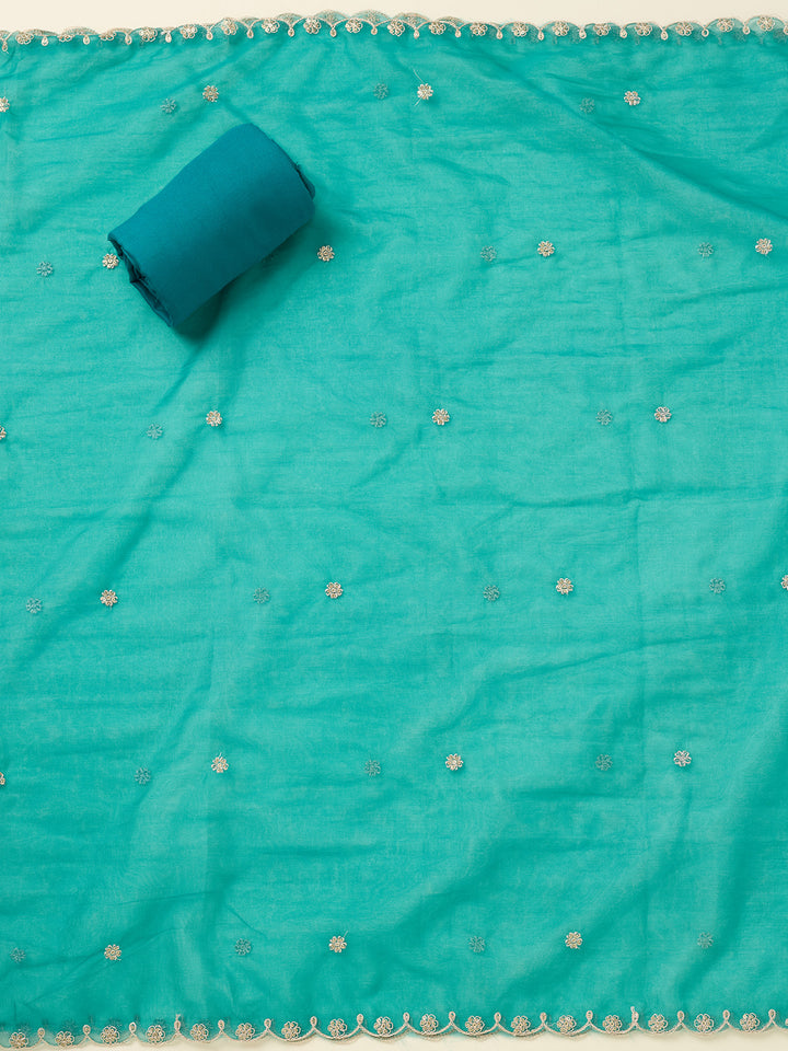Turquoise Blue Tissue Threadwork Unstitched Dress Material With Matching Bottom And Dupatta