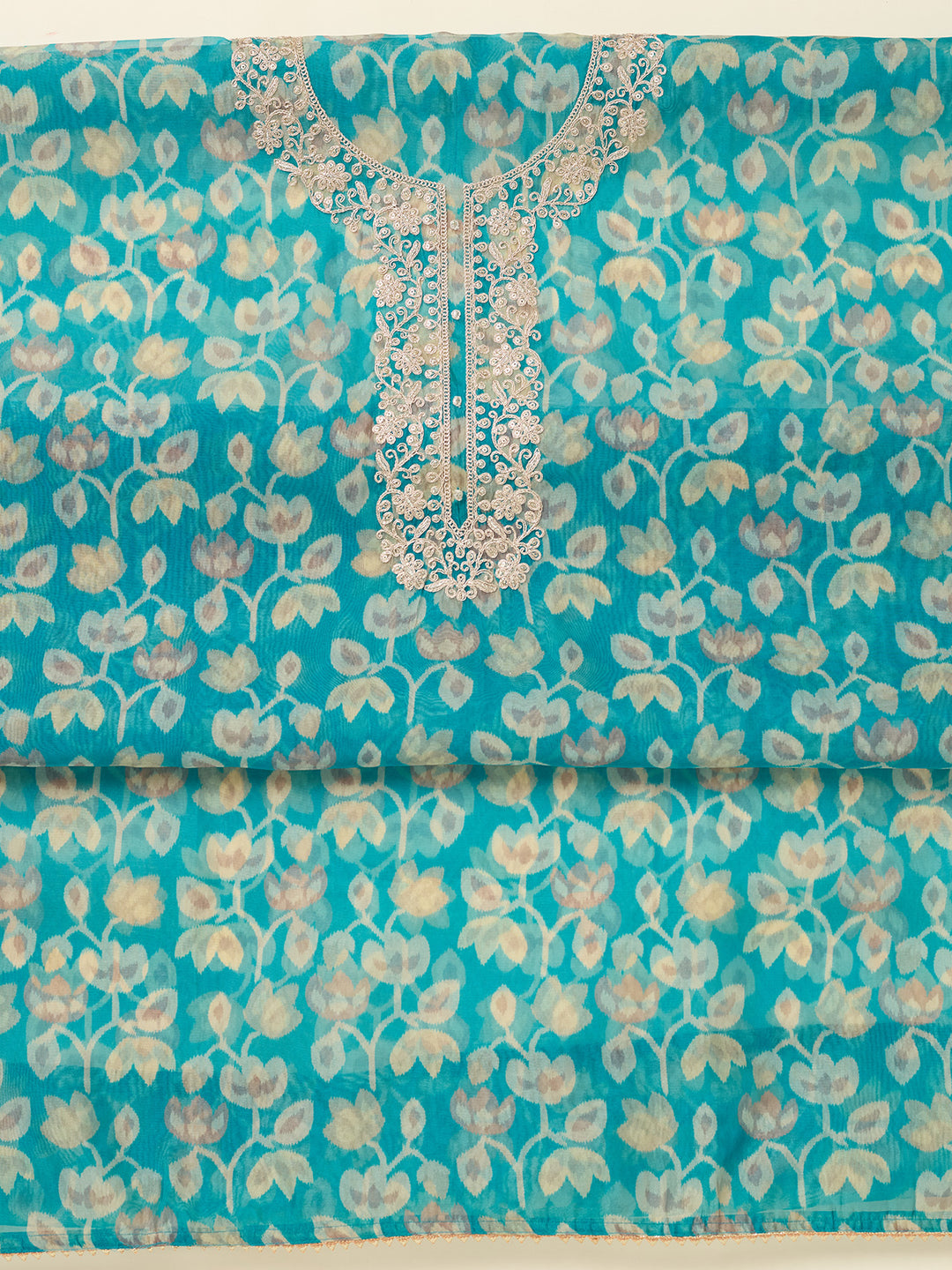 Turquoise Blue Tissue Threadwork Unstitched Dress Material With Matching Bottom And Dupatta
