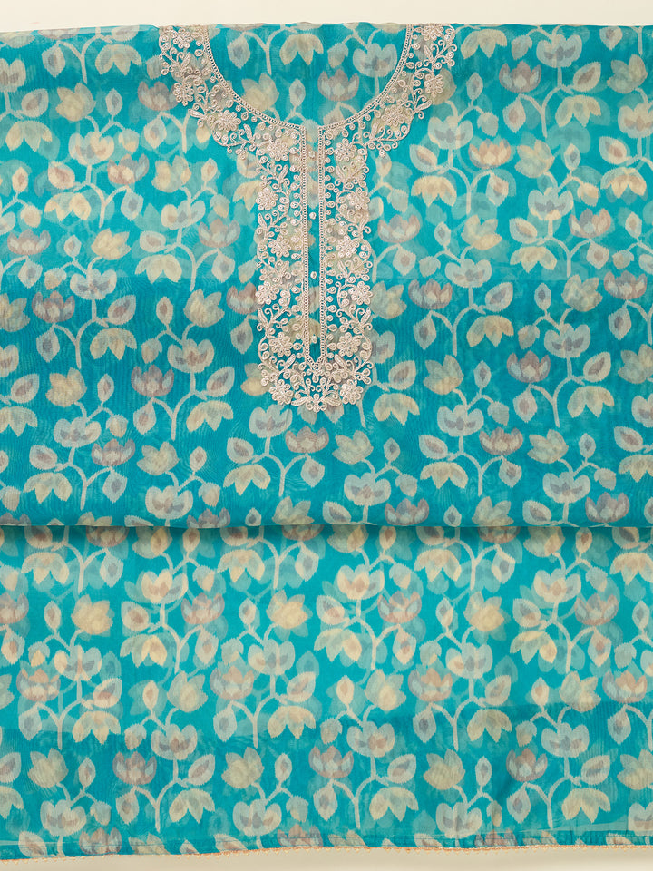 Turquoise Blue Tissue Threadwork Unstitched Dress Material With Matching Bottom And Dupatta
