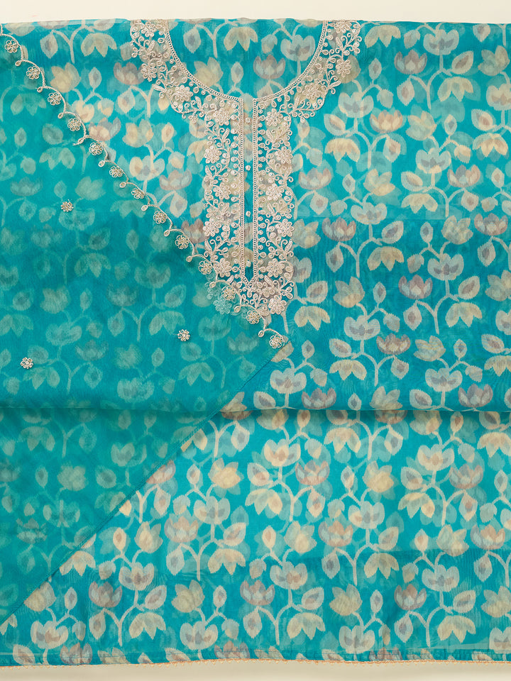 Turquoise Blue Tissue Threadwork Unstitched Dress Material With Matching Bottom And Dupatta