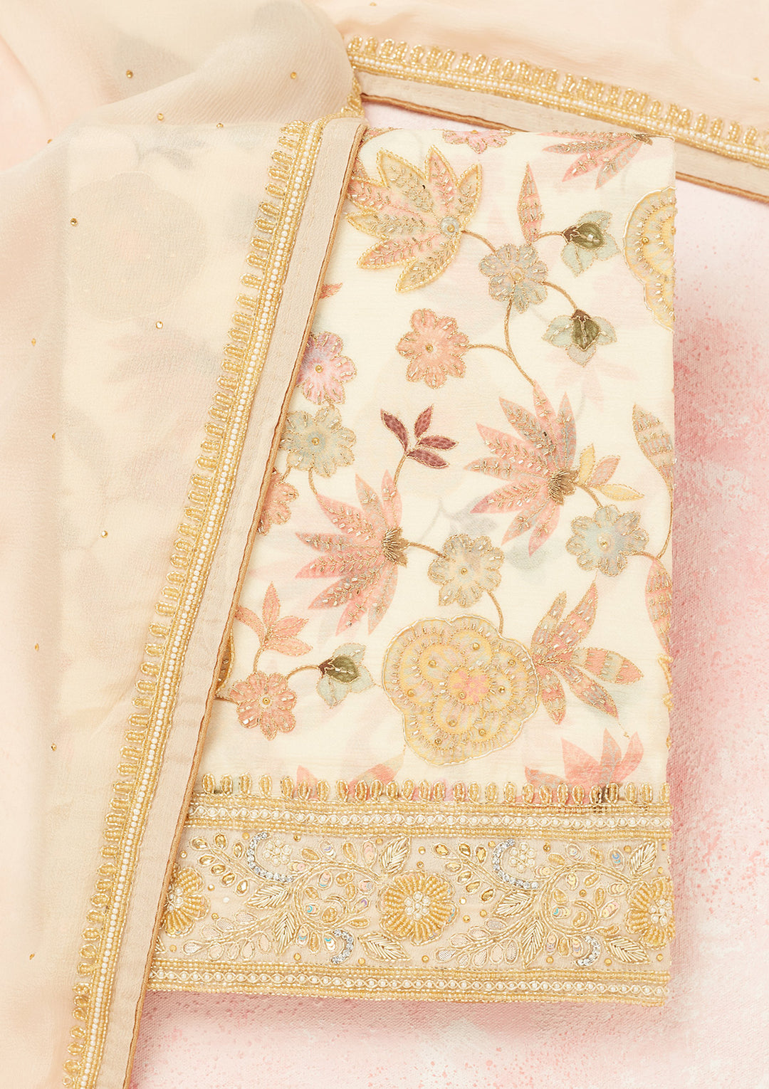 Cream Cutdana Crepe Unstitched Salwar Suit