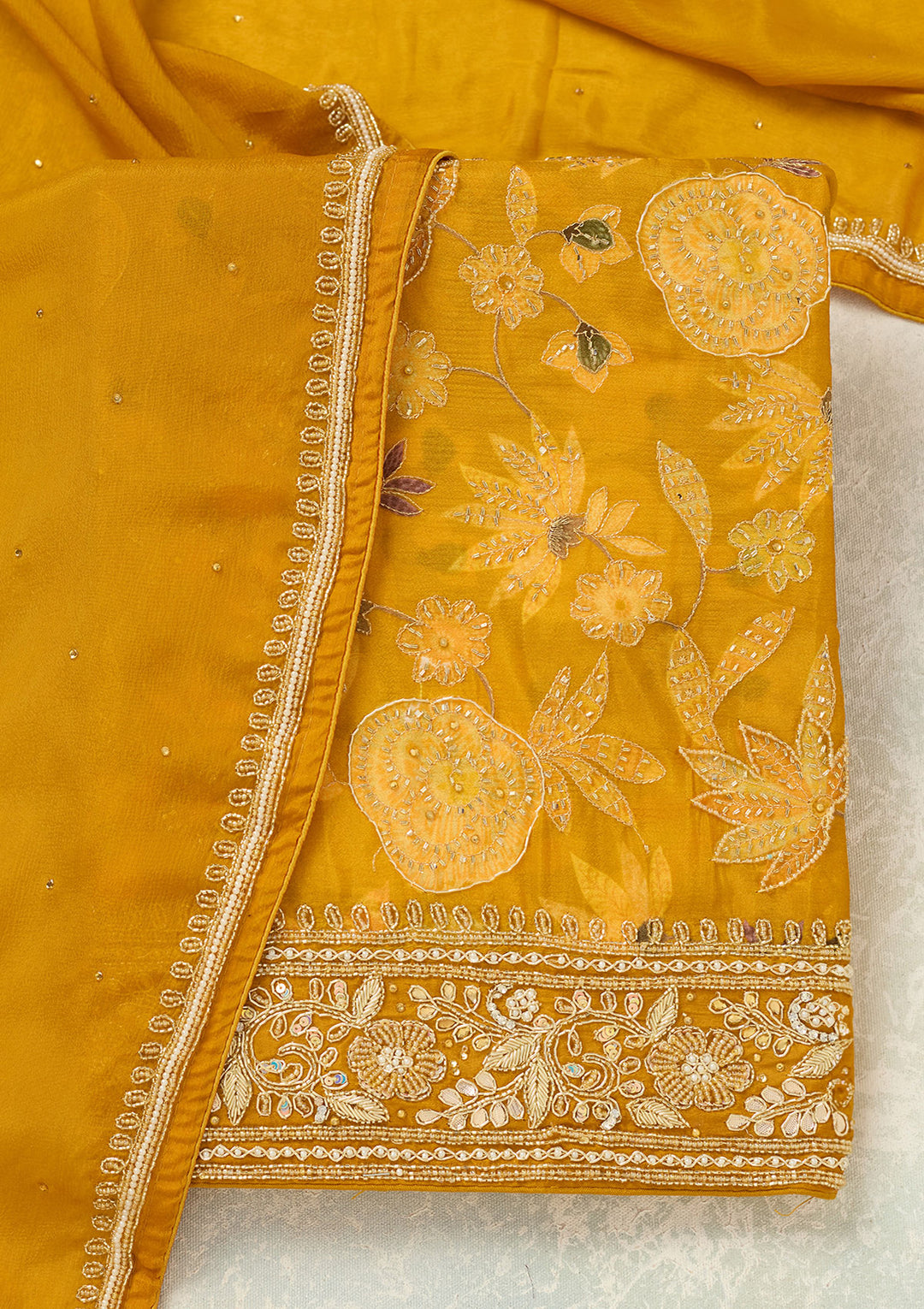 Mustard Cutdana Crepe Unstitched Salwar Suit