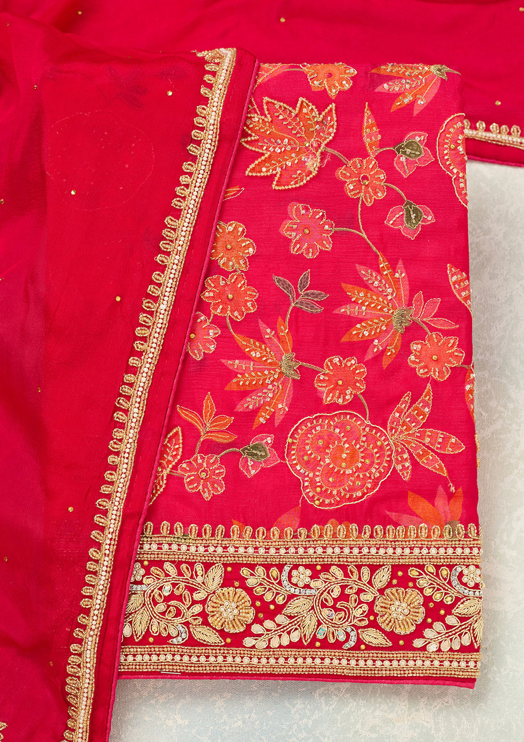 Rani Pink Cutdana Crepe Unstitched Salwar Suit