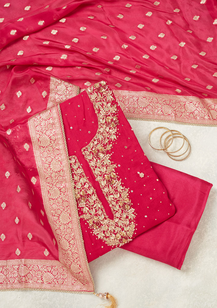 Rani Pink Cutdana Crepe Unstitched Salwar Suit