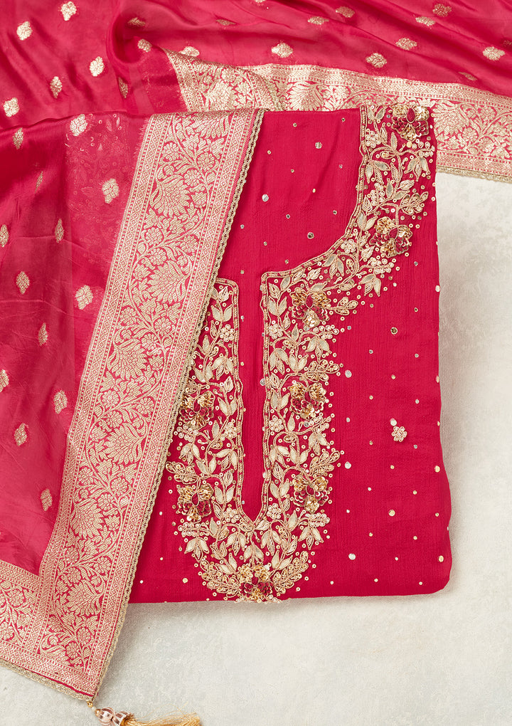 Rani Pink Cutdana Crepe Unstitched Salwar Suit
