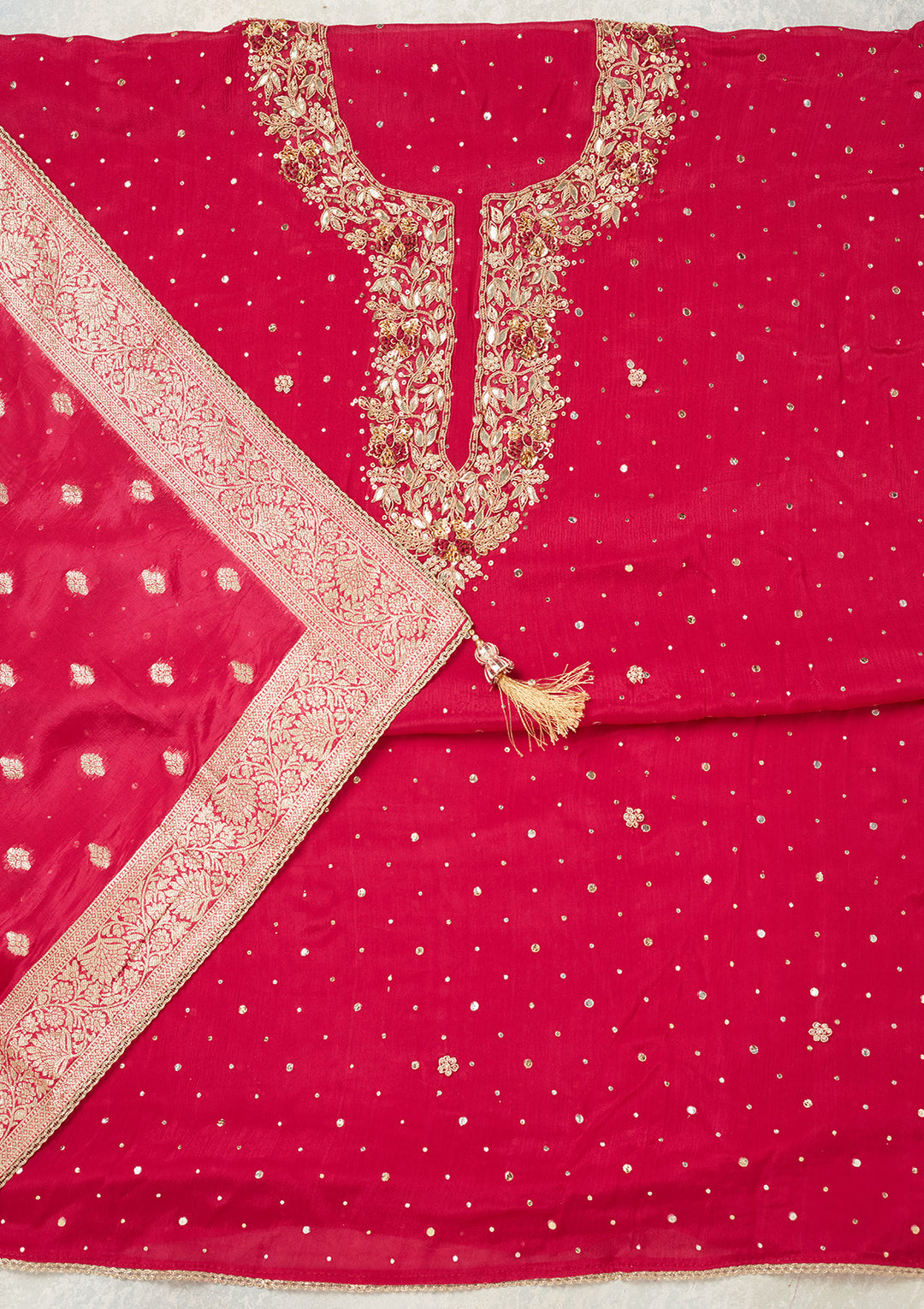 Rani Pink Cutdana Crepe Unstitched Salwar Suit