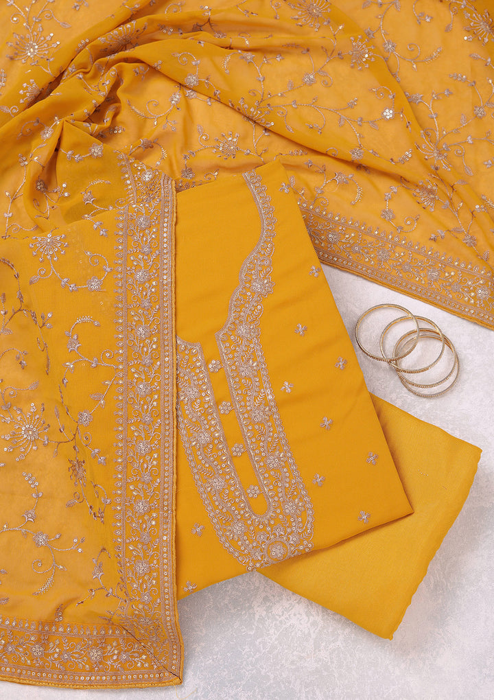 Mustard Georgette Threadwork Unstitched Dress Material With Matching Bottom And Dupatta