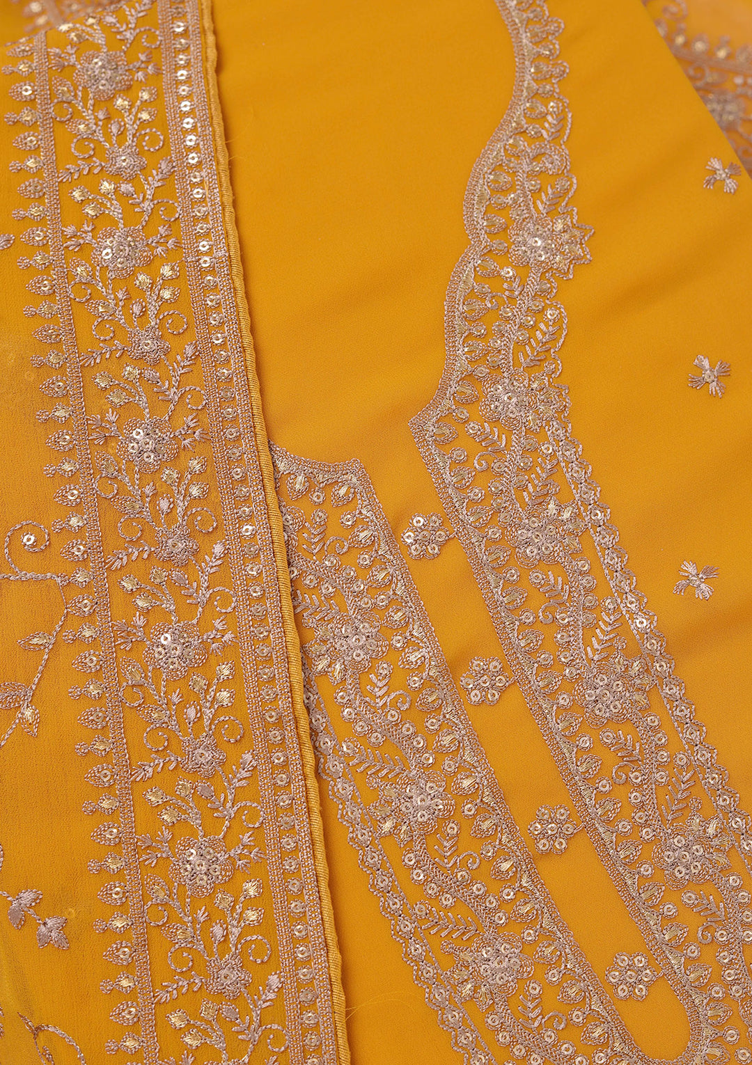 Mustard Georgette Threadwork Unstitched Dress Material With Matching Bottom And Dupatta