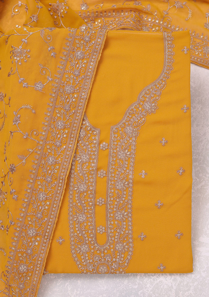 Mustard Georgette Threadwork Unstitched Dress Material With Matching Bottom And Dupatta