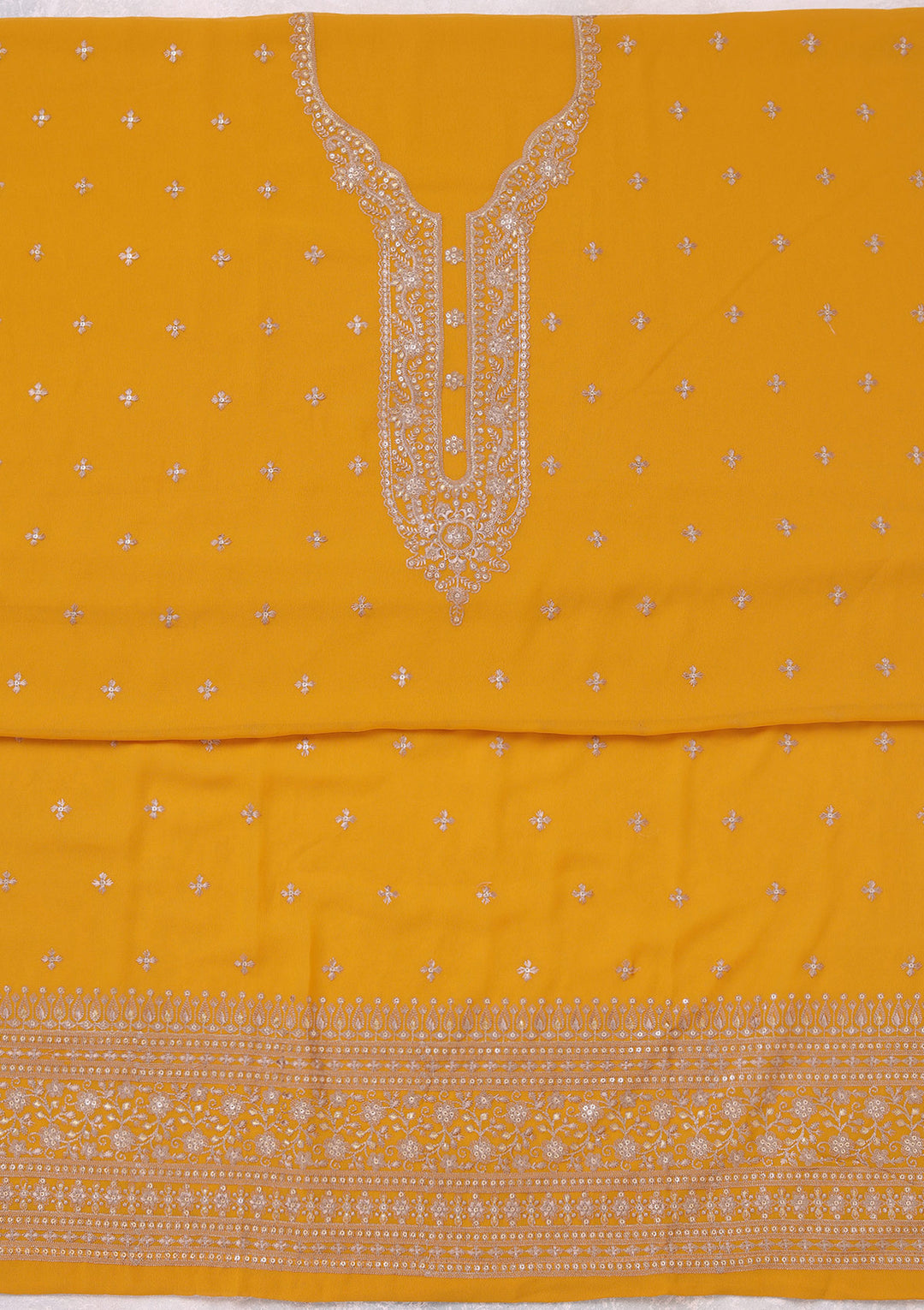 Mustard Georgette Threadwork Unstitched Dress Material With Matching Bottom And Dupatta