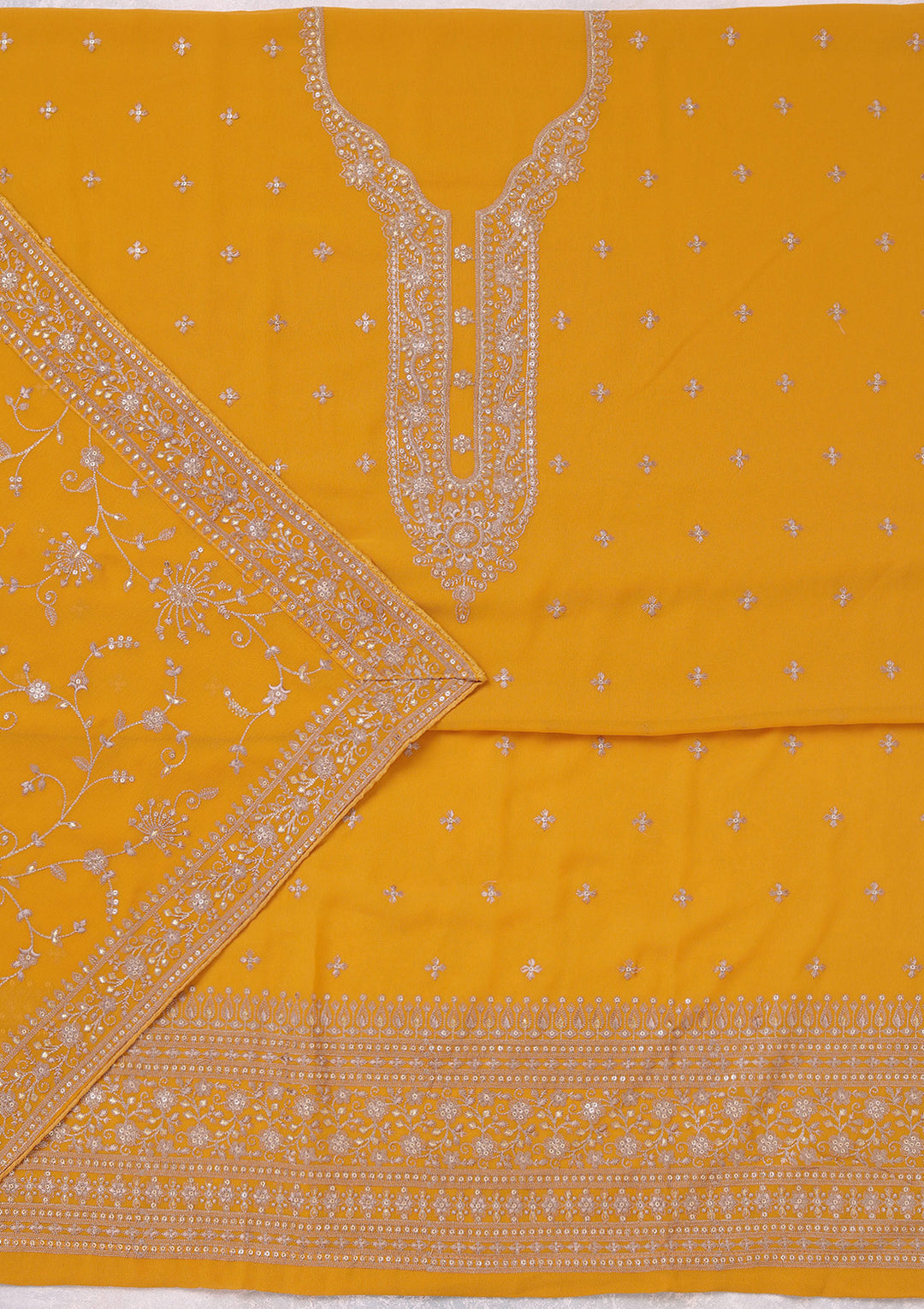 Mustard Georgette Threadwork Unstitched Dress Material With Matching Bottom And Dupatta