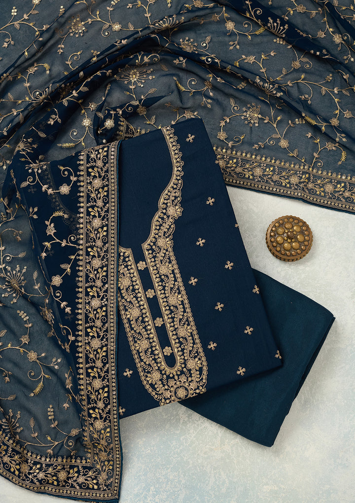 Navy Blue Georgette Threadwork Unstitched Dress Material With Matching Bottom And Dupatta