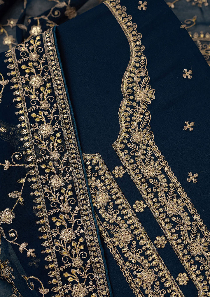 Navy Blue Georgette Threadwork Unstitched Dress Material With Matching Bottom And Dupatta