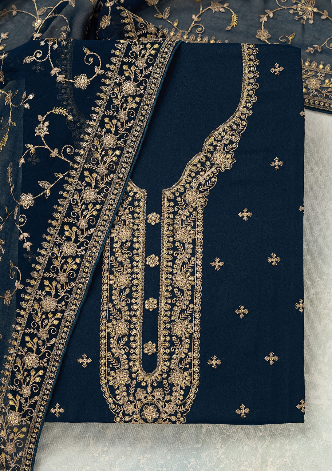 Navy Blue Georgette Threadwork Unstitched Dress Material With Matching Bottom And Dupatta