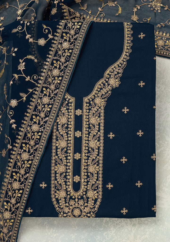 Navy Blue Georgette Threadwork Unstitched Dress Material With Matching Bottom And Dupatta