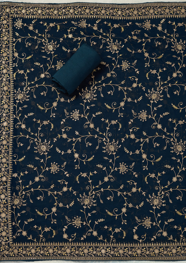Navy Blue Georgette Threadwork Unstitched Dress Material With Matching Bottom And Dupatta