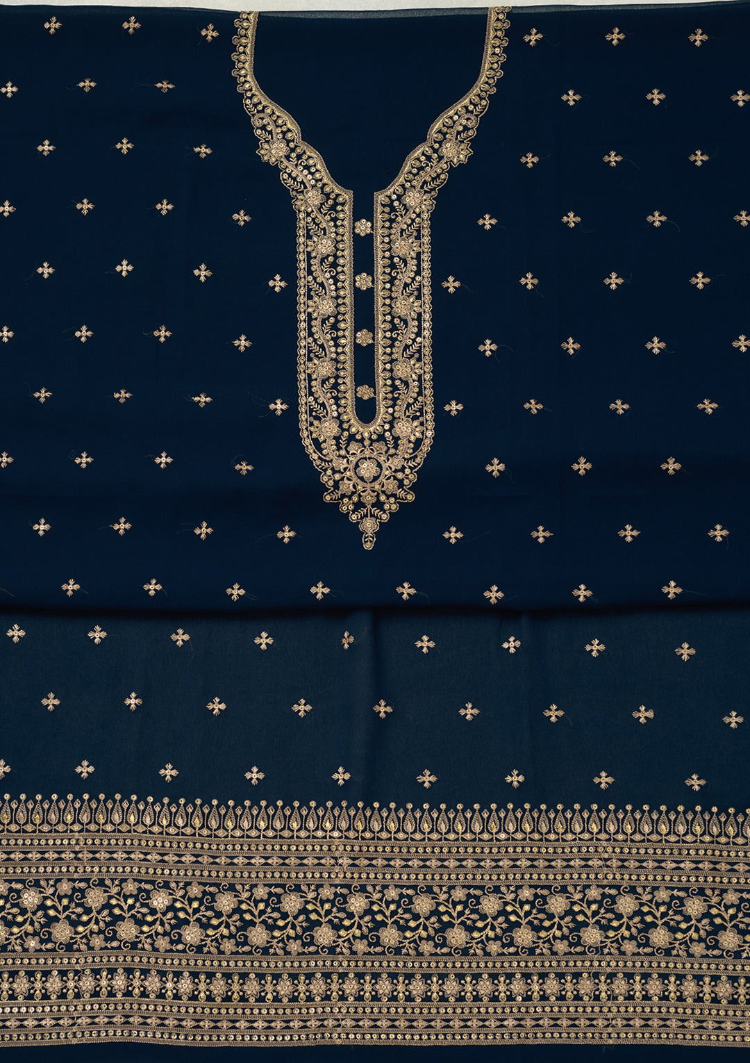 Navy Blue Georgette Threadwork Unstitched Dress Material With Matching Bottom And Dupatta