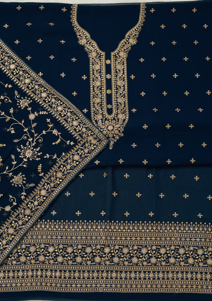 Navy Blue Georgette Threadwork Unstitched Dress Material With Matching Bottom And Dupatta