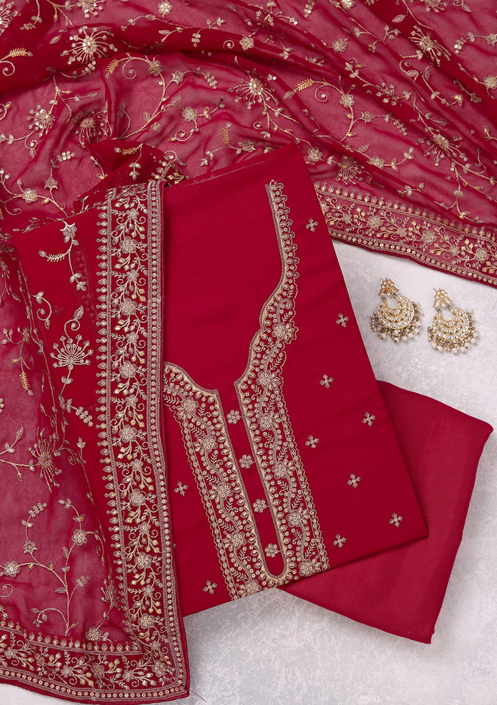 Rani Pink Georgette Threadwork Unstitched Dress Material With Matching Bottom And Dupatta