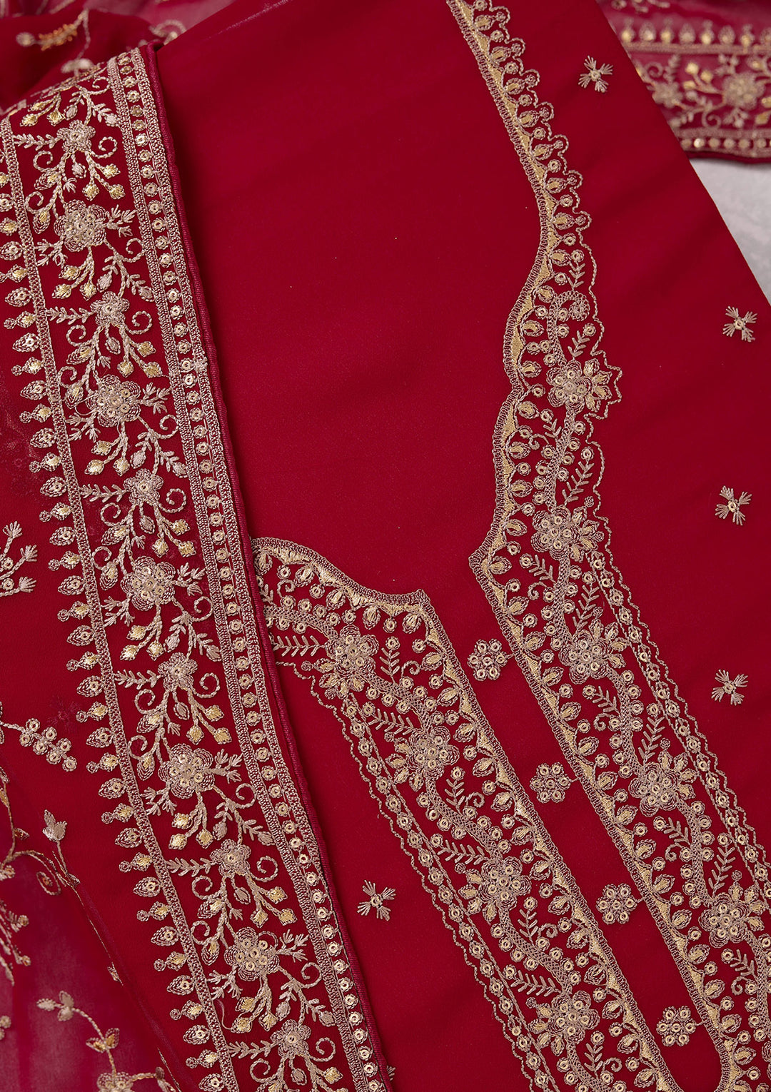 Rani Pink Georgette Threadwork Unstitched Dress Material With Matching Bottom And Dupatta