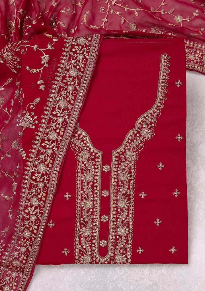 Rani Pink Georgette Threadwork Unstitched Dress Material With Matching Bottom And Dupatta