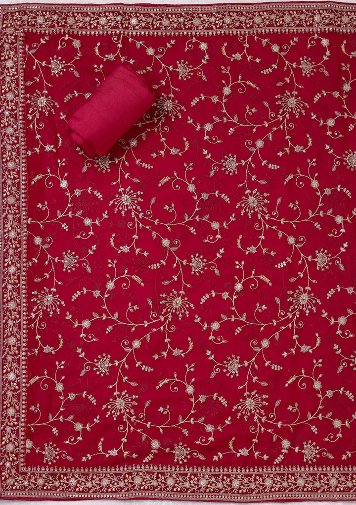 Rani Pink Georgette Threadwork Unstitched Dress Material With Matching Bottom And Dupatta
