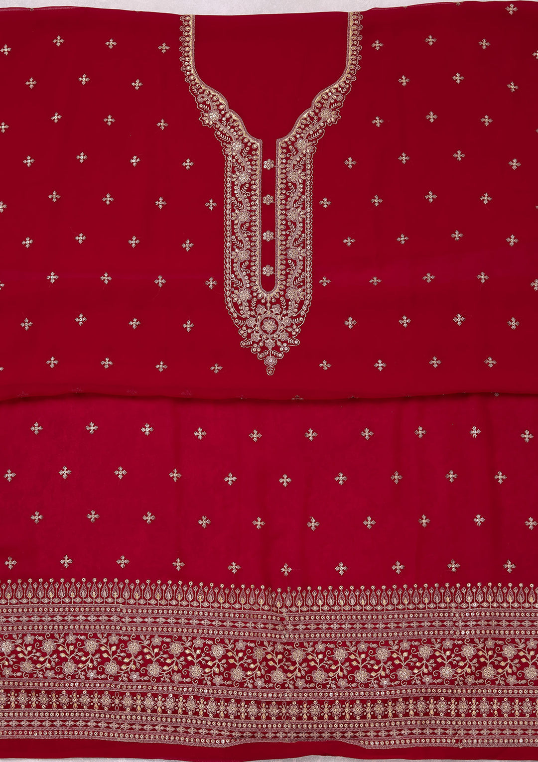 Rani Pink Georgette Threadwork Unstitched Dress Material With Matching Bottom And Dupatta