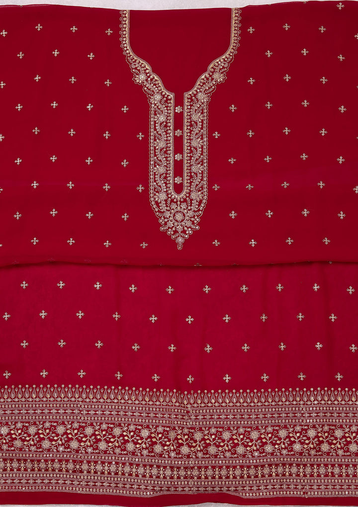 Rani Pink Georgette Threadwork Unstitched Dress Material With Matching Bottom And Dupatta