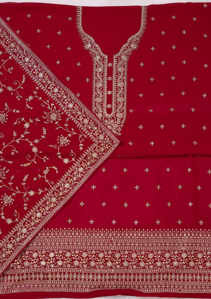 Rani Pink Georgette Threadwork Unstitched Dress Material With Matching Bottom And Dupatta