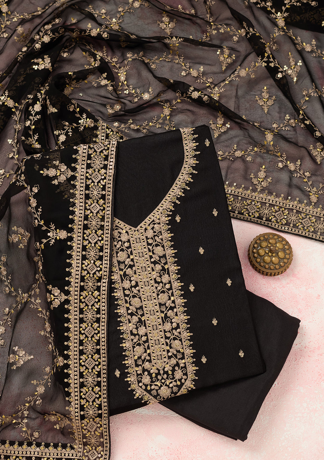 Black Georgette Threadwork Unstitched Dress Material With Matching Bottom And Dupatta