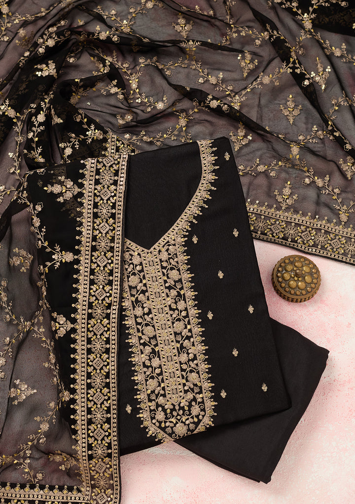 Black Georgette Threadwork Unstitched Dress Material With Matching Bottom And Dupatta