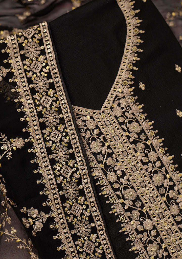 Black Georgette Threadwork Unstitched Dress Material With Matching Bottom And Dupatta