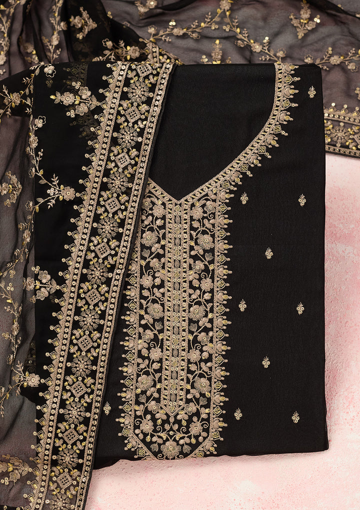 Black Georgette Threadwork Unstitched Dress Material With Matching Bottom And Dupatta