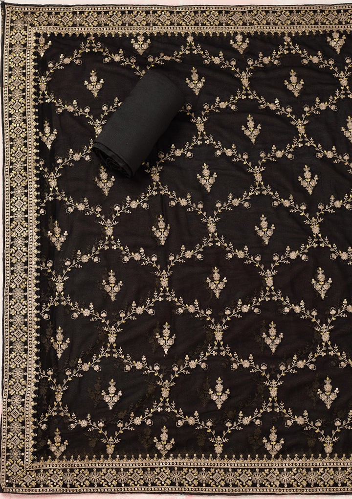 Black Georgette Threadwork Unstitched Dress Material With Matching Bottom And Dupatta