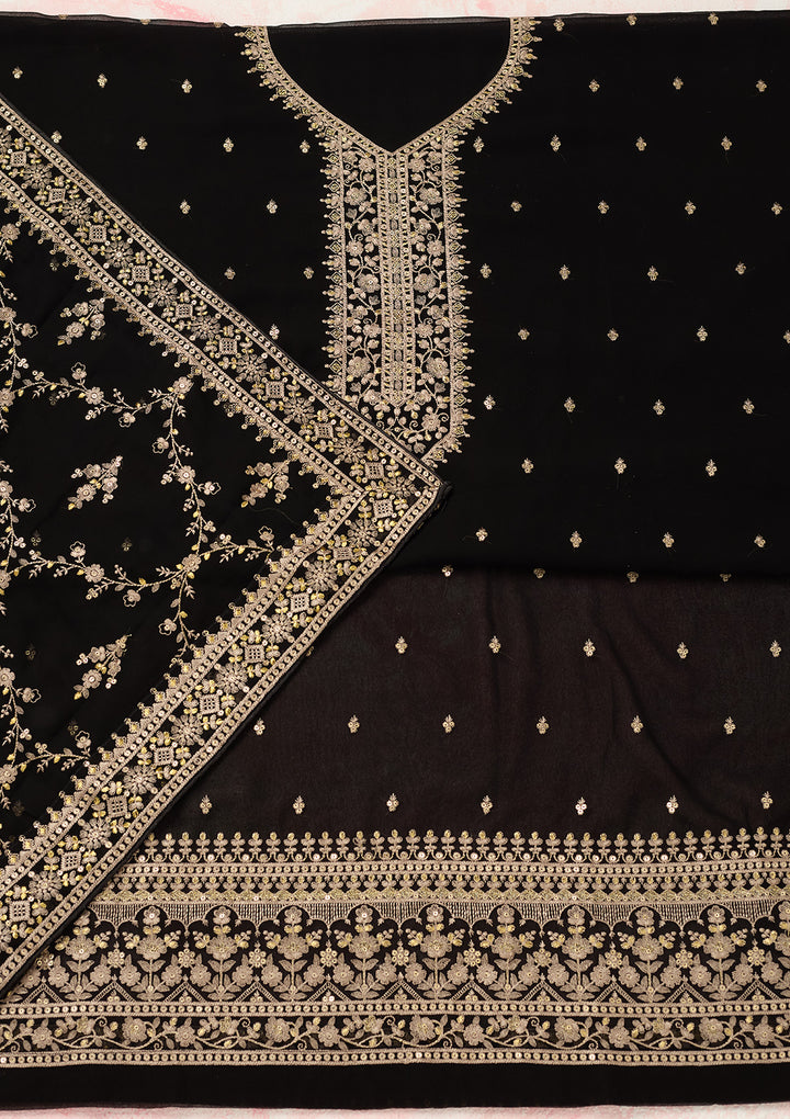 Black Georgette Threadwork Unstitched Dress Material With Matching Bottom And Dupatta