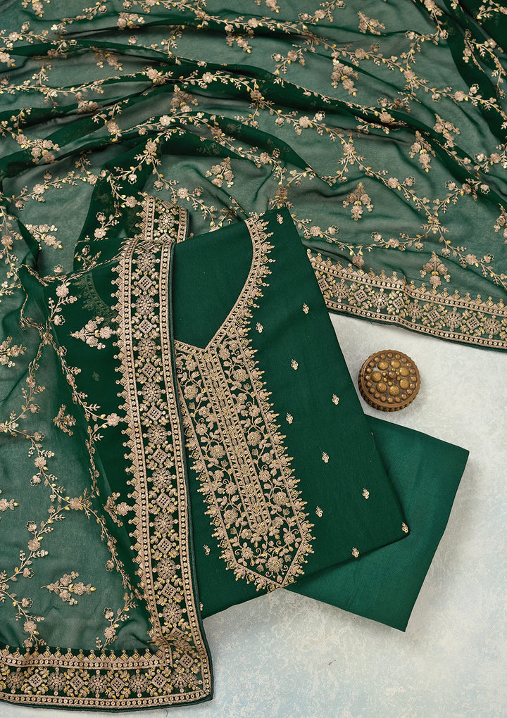 Bottle Green Georgette Threadwork Unstitched Dress Material With Matching Bottom And Dupatta