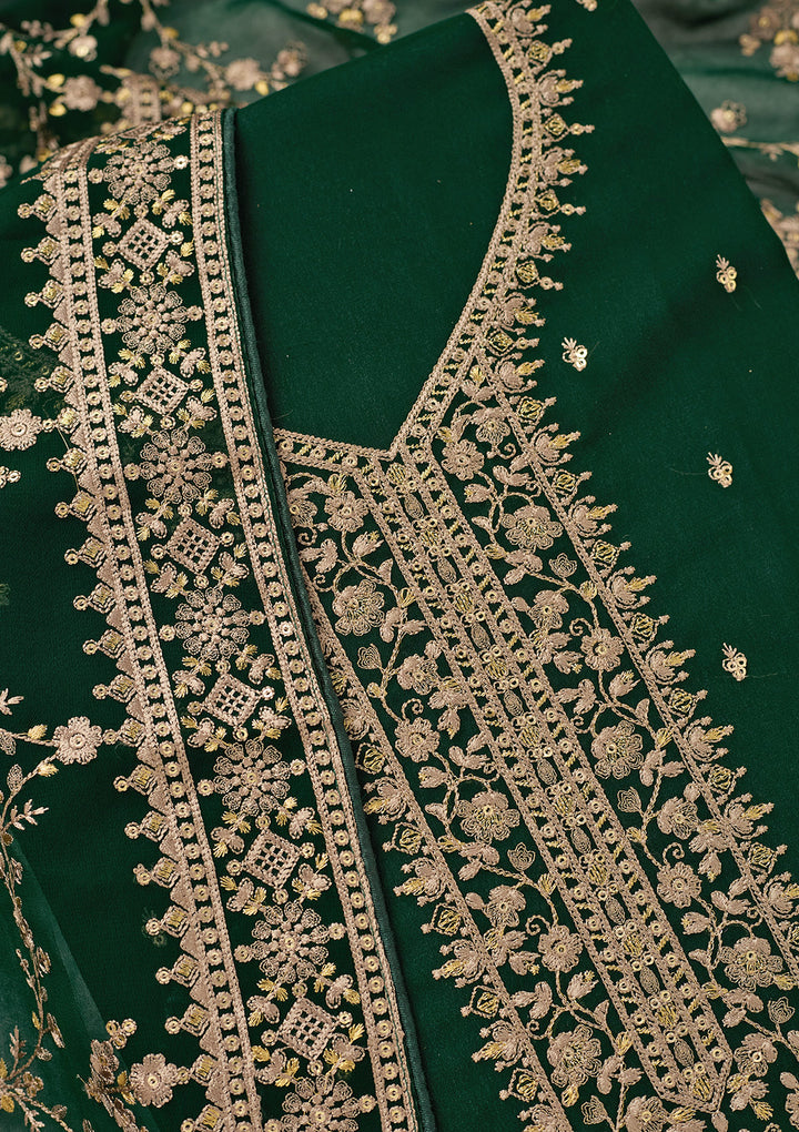 Bottle Green Georgette Threadwork Unstitched Dress Material With Matching Bottom And Dupatta