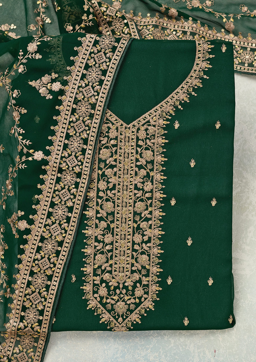 Bottle Green Georgette Threadwork Unstitched Dress Material With Matching Bottom And Dupatta