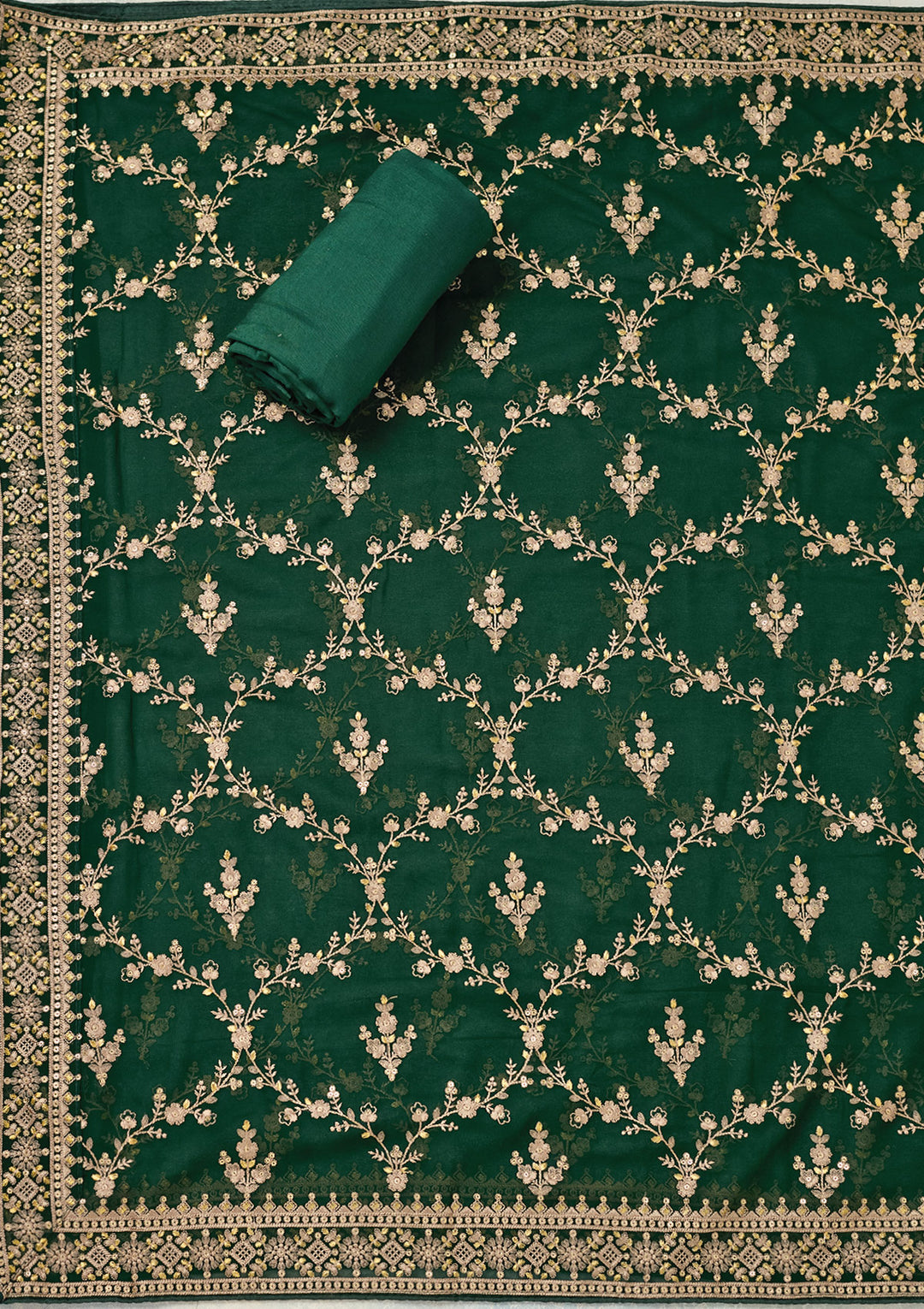 Bottle Green Georgette Threadwork Unstitched Dress Material With Matching Bottom And Dupatta