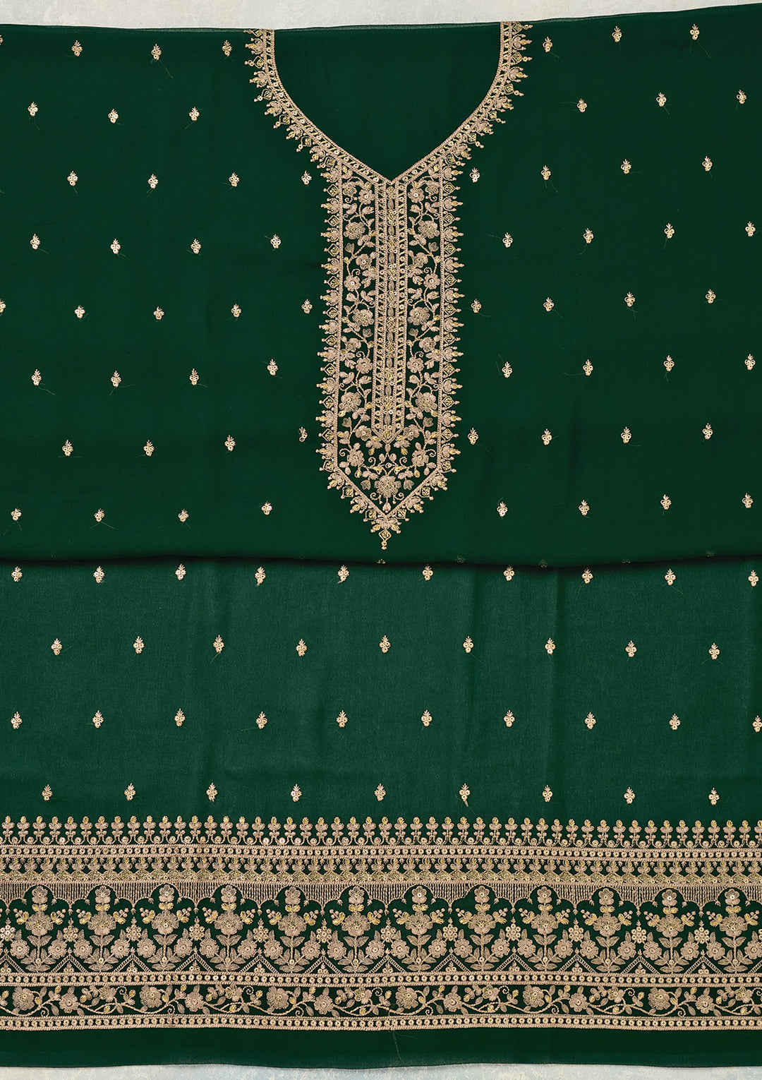 Bottle Green Georgette Threadwork Unstitched Dress Material With Matching Bottom And Dupatta