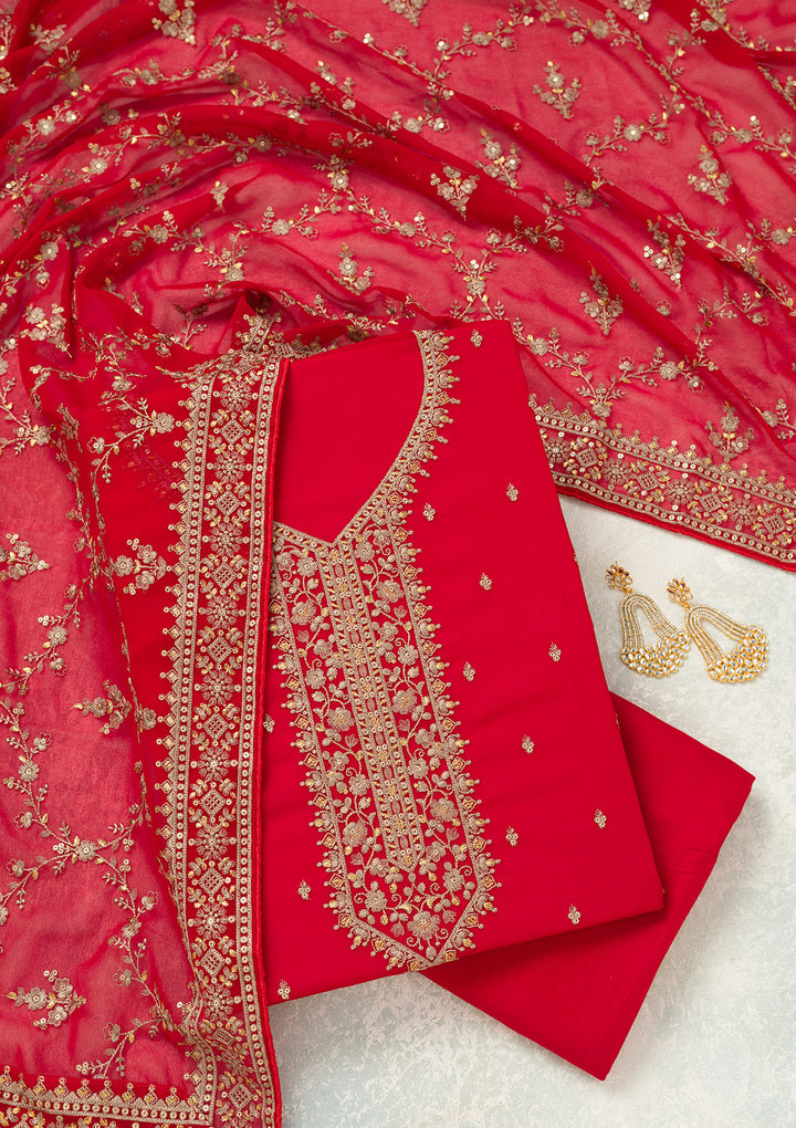 Red Georgette Threadwork Unstitched Dress Material With Matching Bottom And Dupatta