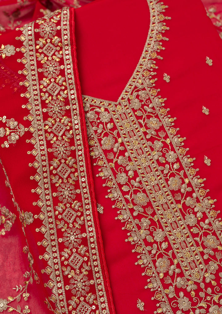 Red Georgette Threadwork Unstitched Dress Material With Matching Bottom And Dupatta
