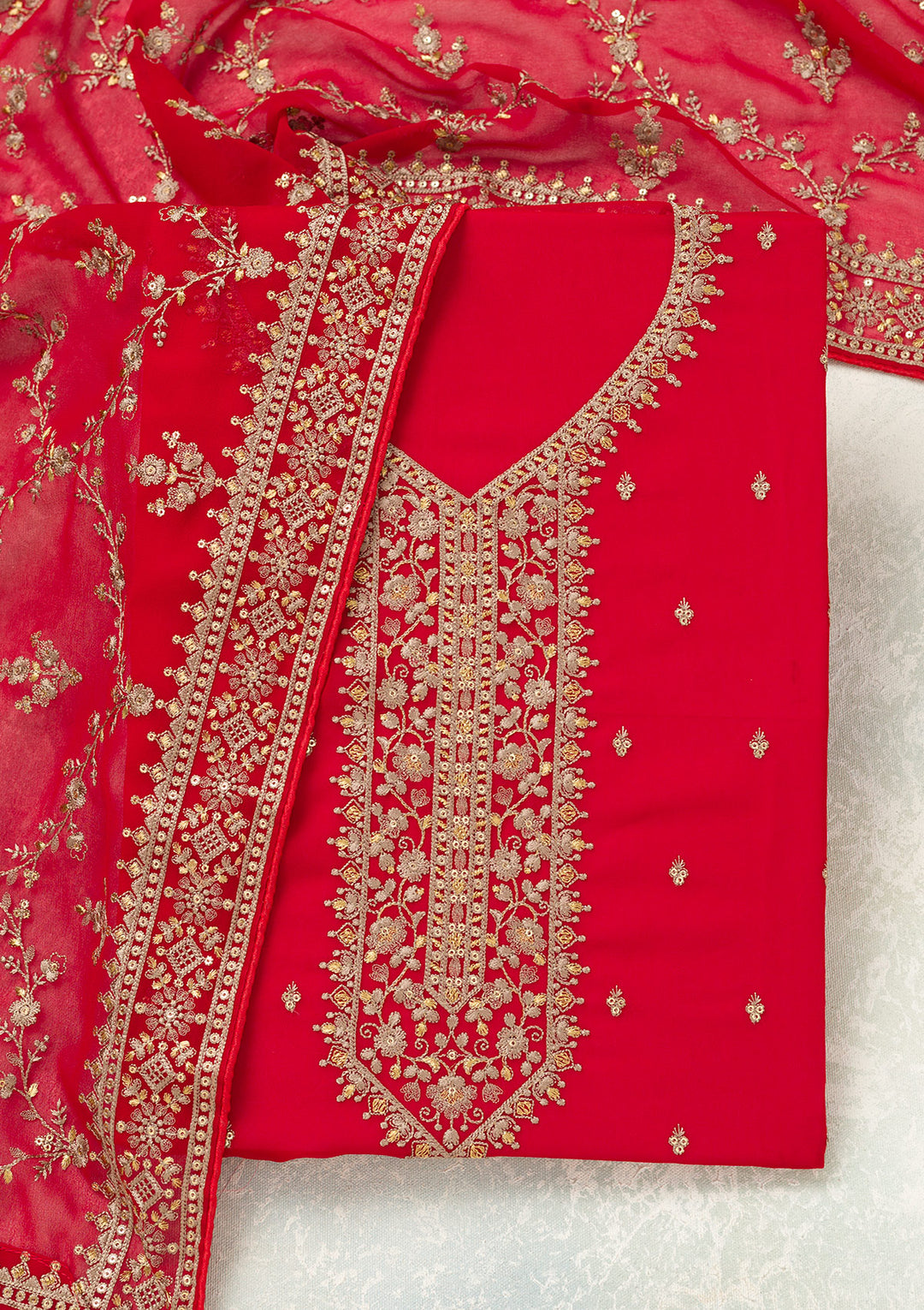 Red Georgette Threadwork Unstitched Dress Material With Matching Bottom And Dupatta