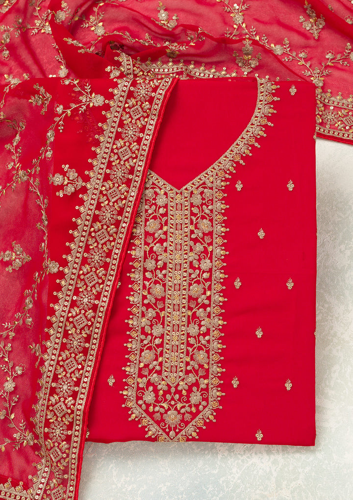 Red Georgette Threadwork Unstitched Dress Material With Matching Bottom And Dupatta