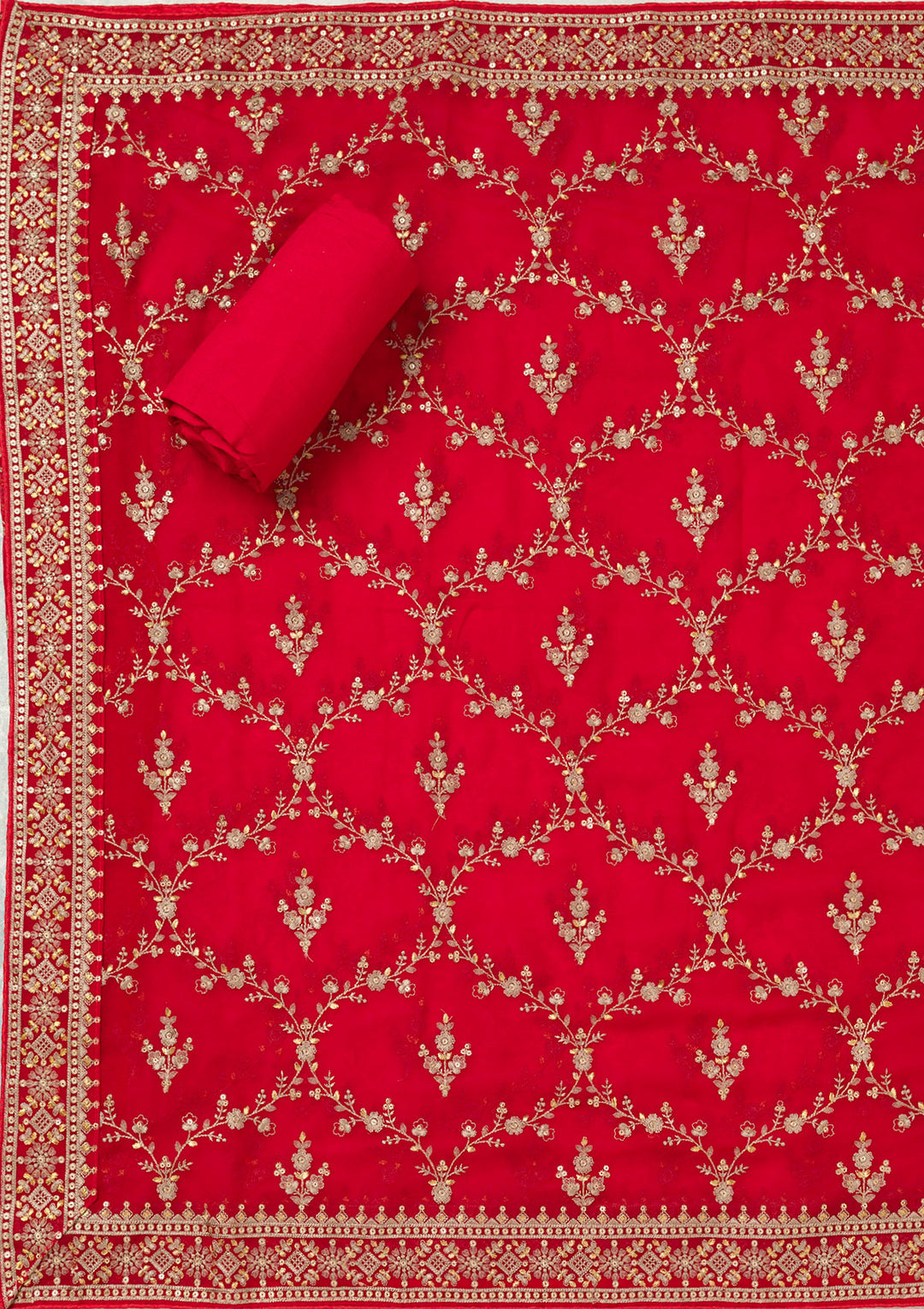 Red Georgette Threadwork Unstitched Dress Material With Matching Bottom And Dupatta