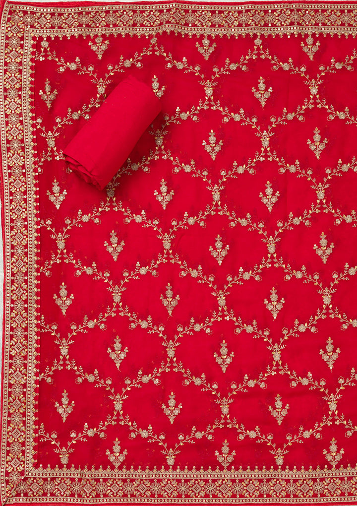 Red Georgette Threadwork Unstitched Dress Material With Matching Bottom And Dupatta